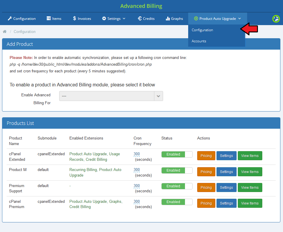Advanced Billing 3.X For WHMCS: Product Auto Upgrade drop-down menu with the Configuration item marked by an arrow