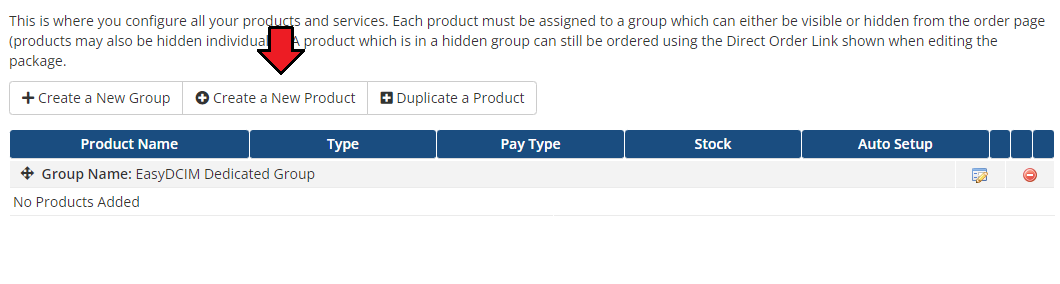 EasyDCIM Dedicated Servers For WHMCS: product group list with the Create a New Product button