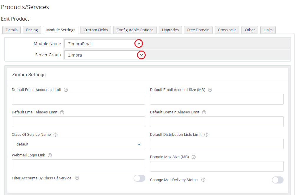 Zimbra Email For WHMCS: product Module Settings tab with ZimbraEmail module and the server group selected