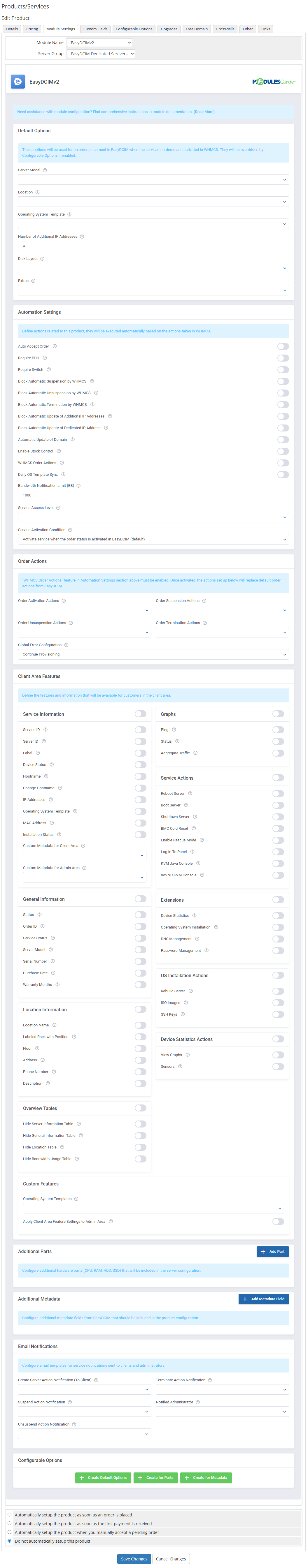 EasyDCIM Dedicated Servers For WHMCS: product Module Settings tab with EasyDCIMv2 module and server group selected