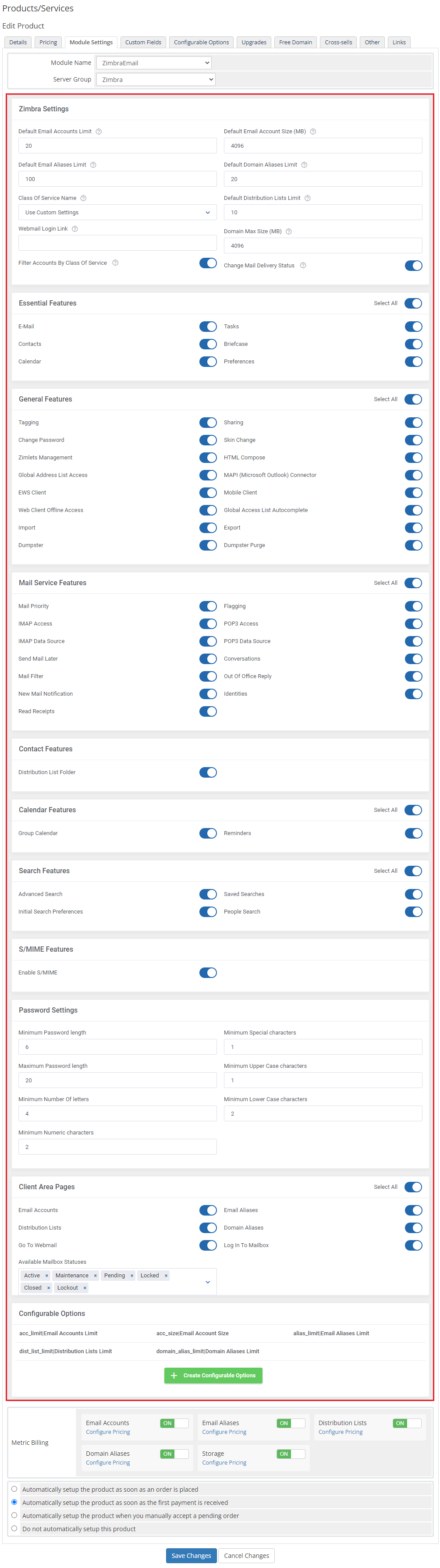 Zimbra Email For WHMCS: product Module Settings tab with the full Zimbra Settings, features and password options