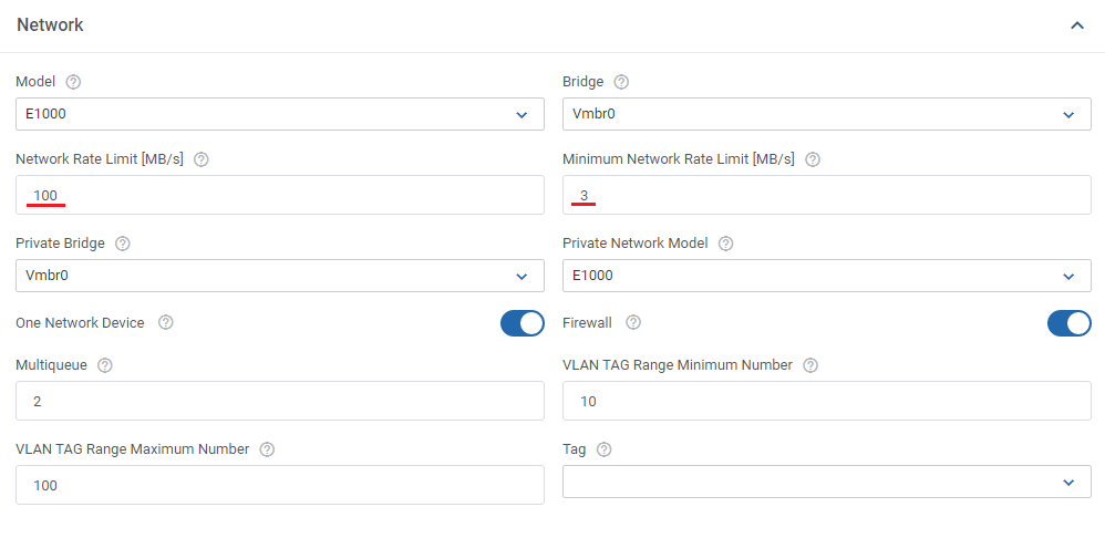 Proxmox VE Cloud VPS For WHMCS: product Network settings with Network Rate Limit and Minimum Network Rate Limit fields