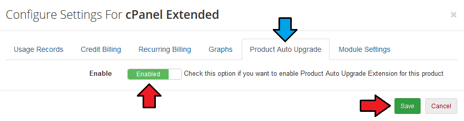 Advanced Billing 3.X For WHMCS: Settings modal for cPanel Extended with the Product Auto Upgrade tab and Enable switch