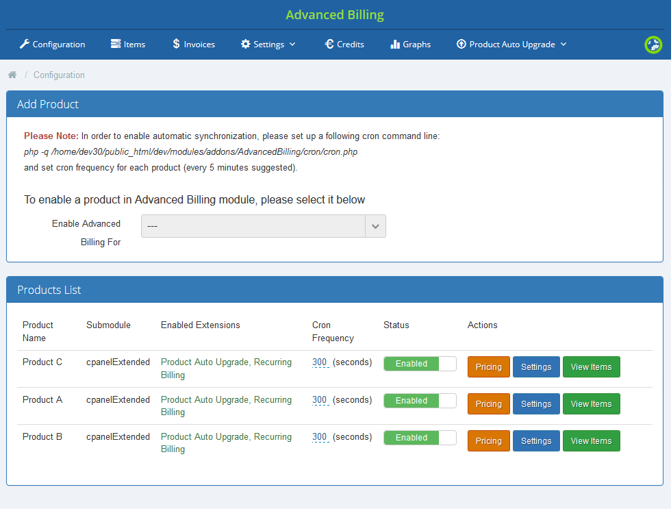 Advanced Billing 3.X For WHMCS: Advanced Billing configuration page listing three cPanel Extended products with Auto