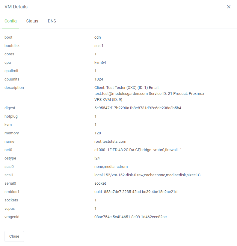 Proxmox VE Cloud VPS For WHMCS: VM Details dialog on the Config tab with the saved VM configuration values