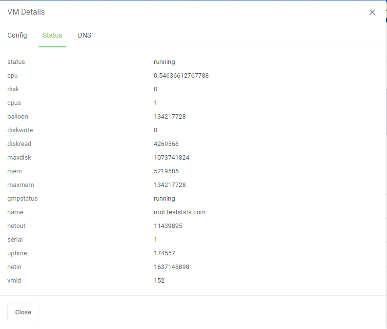 Proxmox VE Cloud VPS For WHMCS: VM Details dialog on the Status tab with the saved VM status values