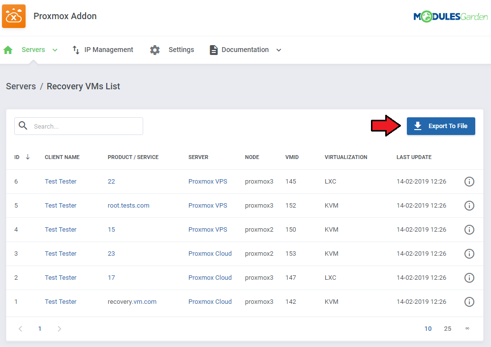 Proxmox VPS 2.X For WHMCS: Proxmox Addon Recovery VMs List with the Export To File button highlighted