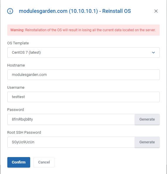 EasyDCIM Dedicated Servers For WHMCS: Reinstall OS dialog with template, hostname, username and password fields