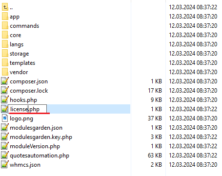 Quotes Automation 1.X For WHMCS: file manager with the license file being renamed to license.php
