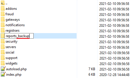 Polska Wersja Jezykowa WHMCS: modules folder listing with the reports folder being renamed to reports_backup