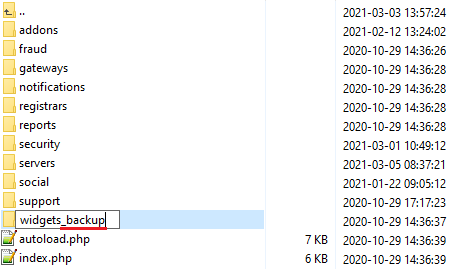 Polska Wersja Jezykowa WHMCS: modules folder listing with the widgets folder being renamed to widgets_backup