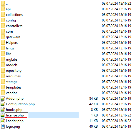 Resellers Center 2.X For WHMCS: file manager showing the license.php file in the ResellersCenter addon folder