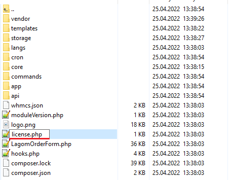 Lagom One Step Order Form For WHMCS 1.2.X: file manager listing of the LagomOrderForm folder with license.php after