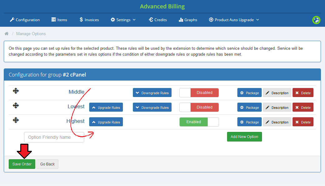 Advanced Billing 3.X For WHMCS: Manage Options page with rules reordered by drag and drop and Save Order button