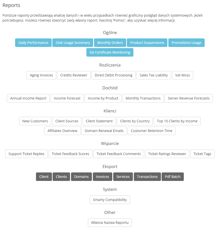 Polska Wersja Jezykowa WHMCS: WHMCS admin Reports page with category buttons, some names still in English