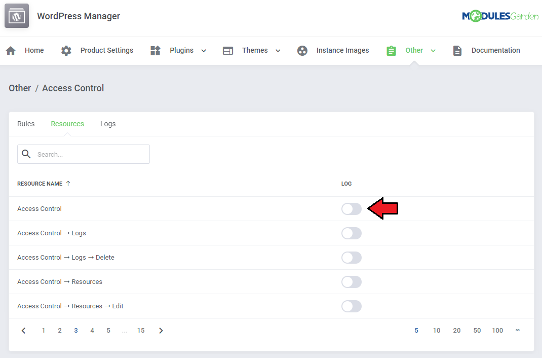 Access Control Tool: Resources tab with the Log toggle for each resource name