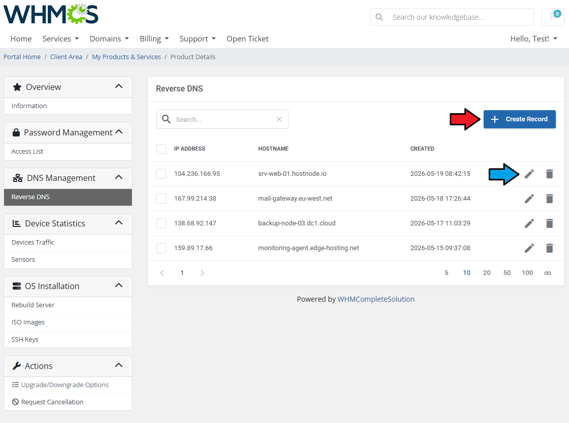 EasyDCIM Dedicated Servers For WHMCS: client area Reverse DNS list with Create Record and edit icon highlighted