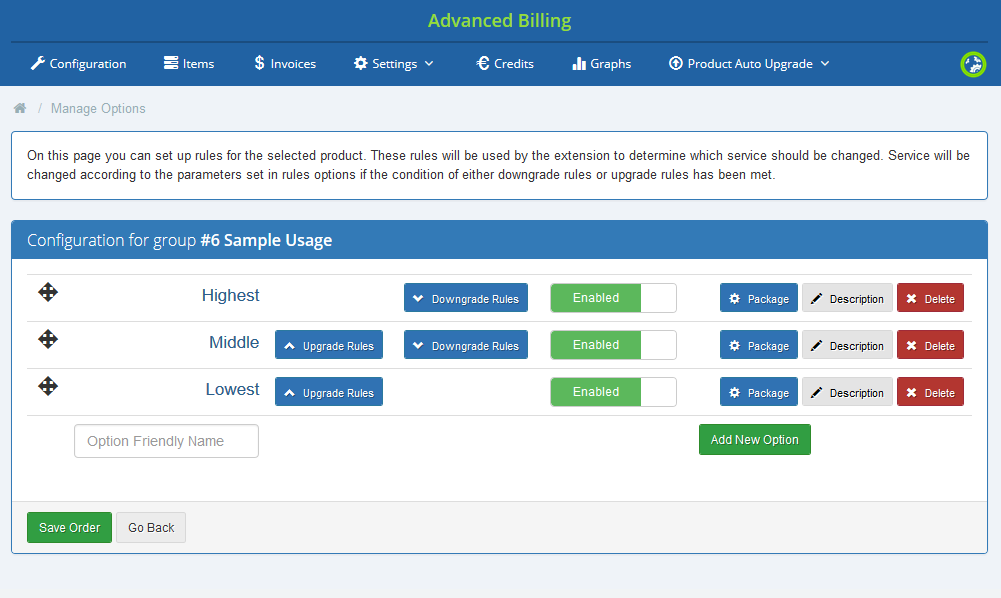 Advanced Billing 3.X For WHMCS: Manage Options page for the Sample Usage group with Highest, Middle and Lowest options