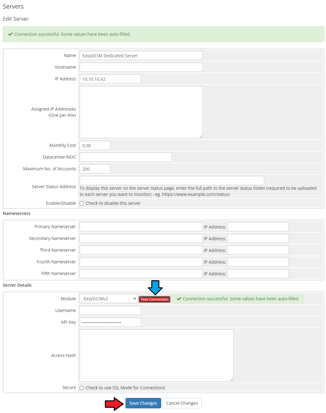 EasyDCIM Dedicated Servers For WHMCS: Edit Server form with the Test Connection result and Save Changes button