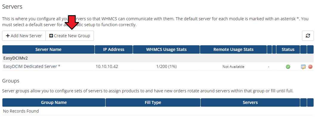 EasyDCIM Dedicated Servers For WHMCS: Servers list with the EasyDCIMv2 server and the Create New Group button