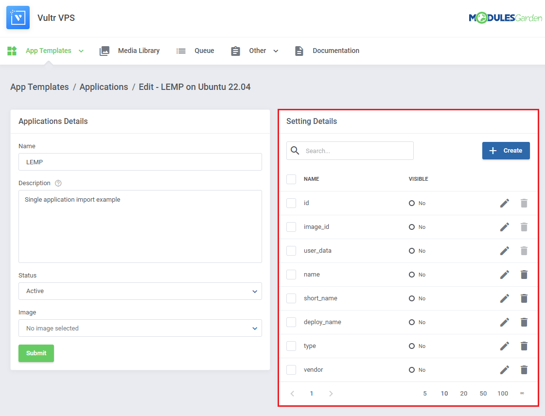 Vultr VPS For WHMCS: Edit application page with the Setting Details table of deployment parameters highlighted