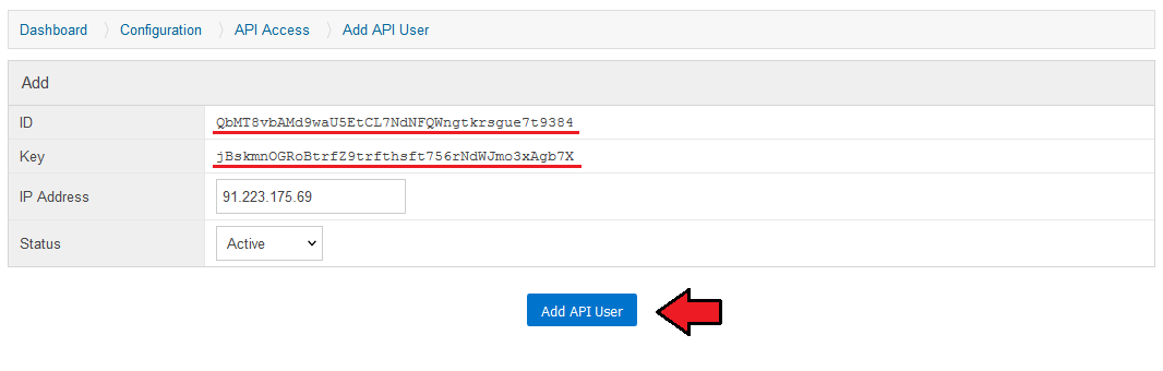 SolusVM Extended VPS For WHMCS: SolusVM Add API User form with generated ID and key, IP address and Active status