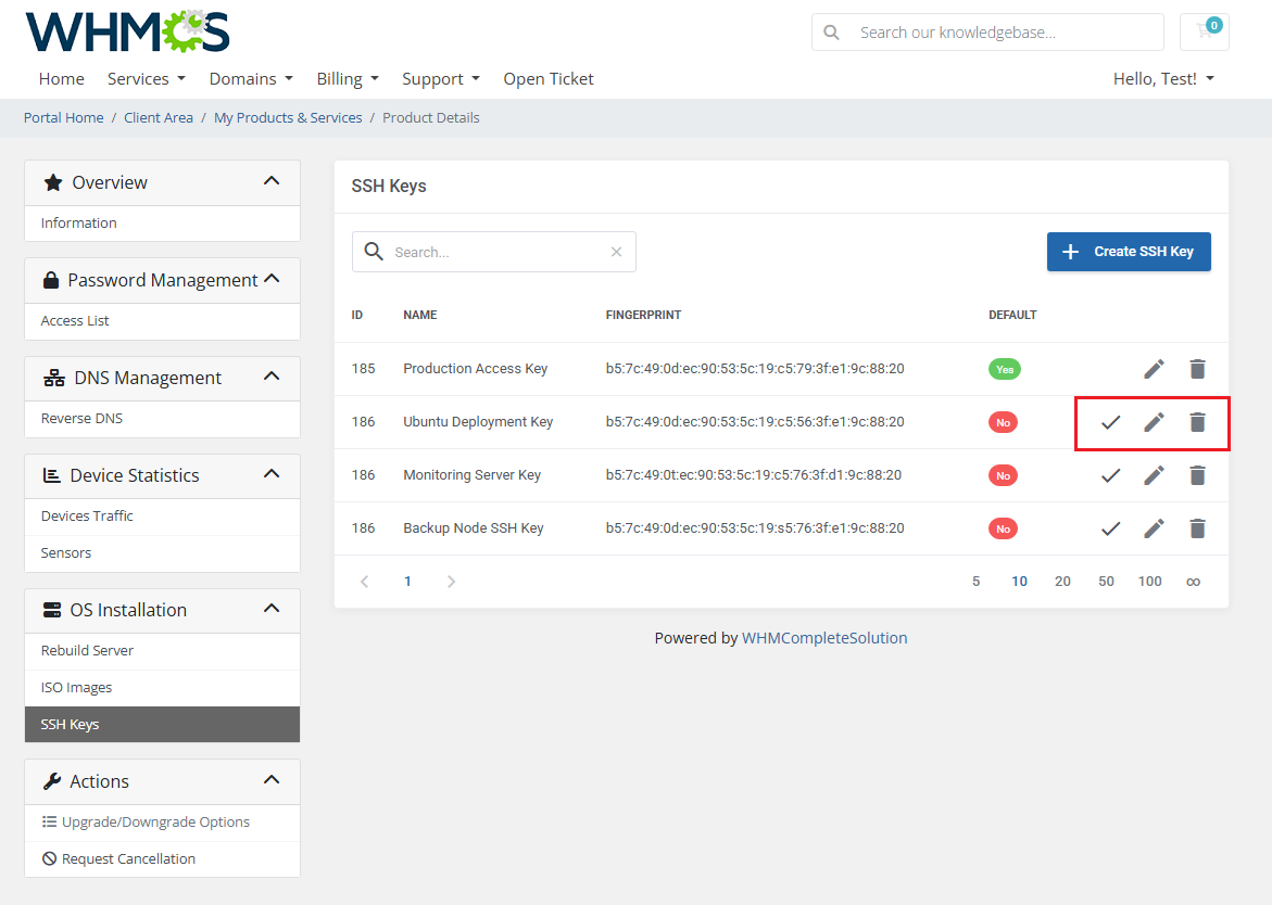 EasyDCIM Dedicated Servers For WHMCS: WHMCS client area SSH Keys list with set default, edit and delete actions