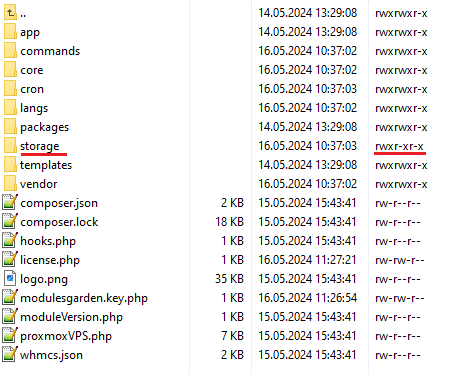 Proxmox VE Cloud VPS For WHMCS: file manager showing the storage folder and its permissions in the addon directory