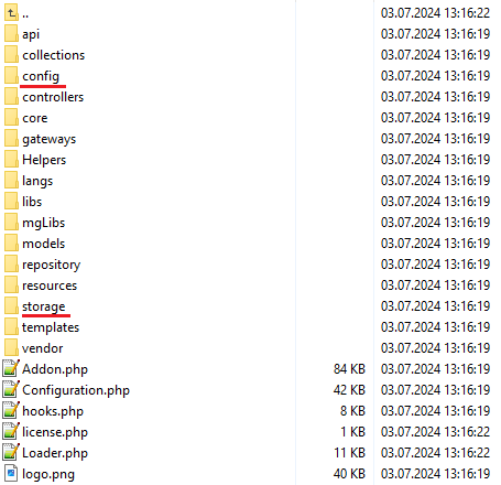 Resellers Center 2.X For WHMCS: file manager of the ResellersCenter addon folder with the storage folder underlined