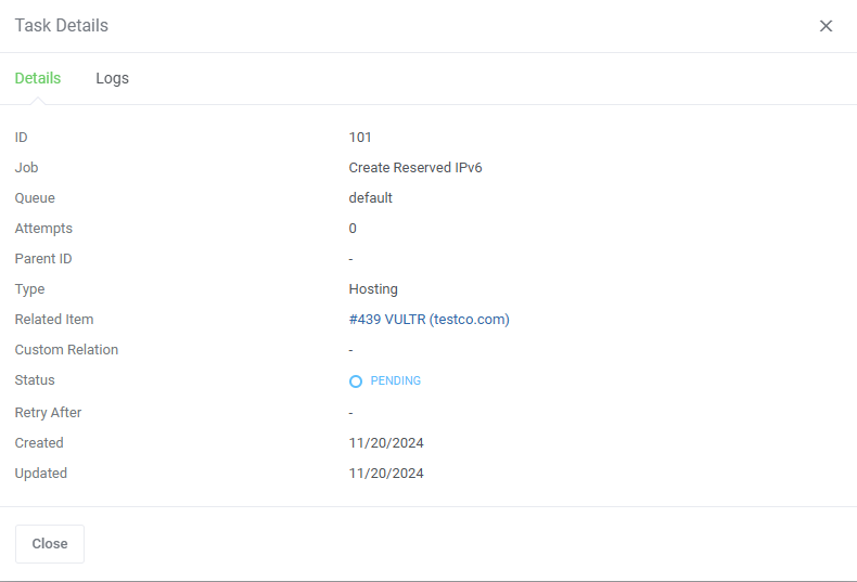 Vultr VPS For WHMCS: Task Details dialog on the Details tab with job, queue, attempts, status and dates