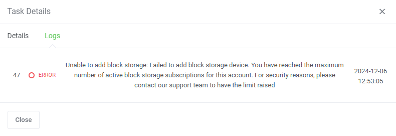 Vultr VPS For WHMCS: Task Details dialog on the Logs tab with an error log entry and its date
