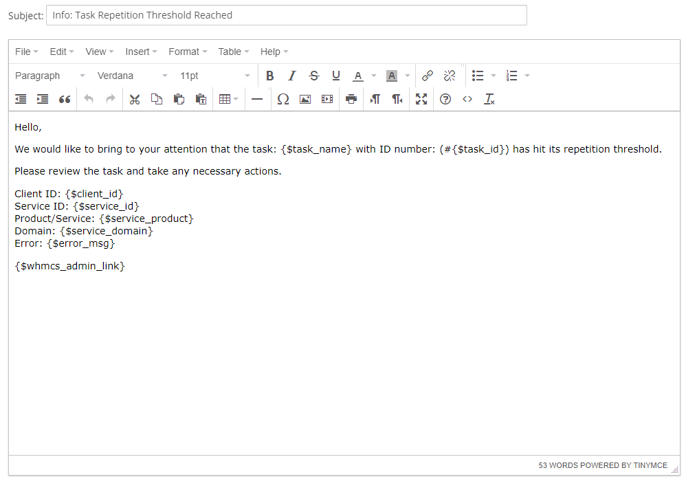 Proxmox VE Cloud VPS For WHMCS: WHMCS email template editor for the Task Repetition Threshold Reached message