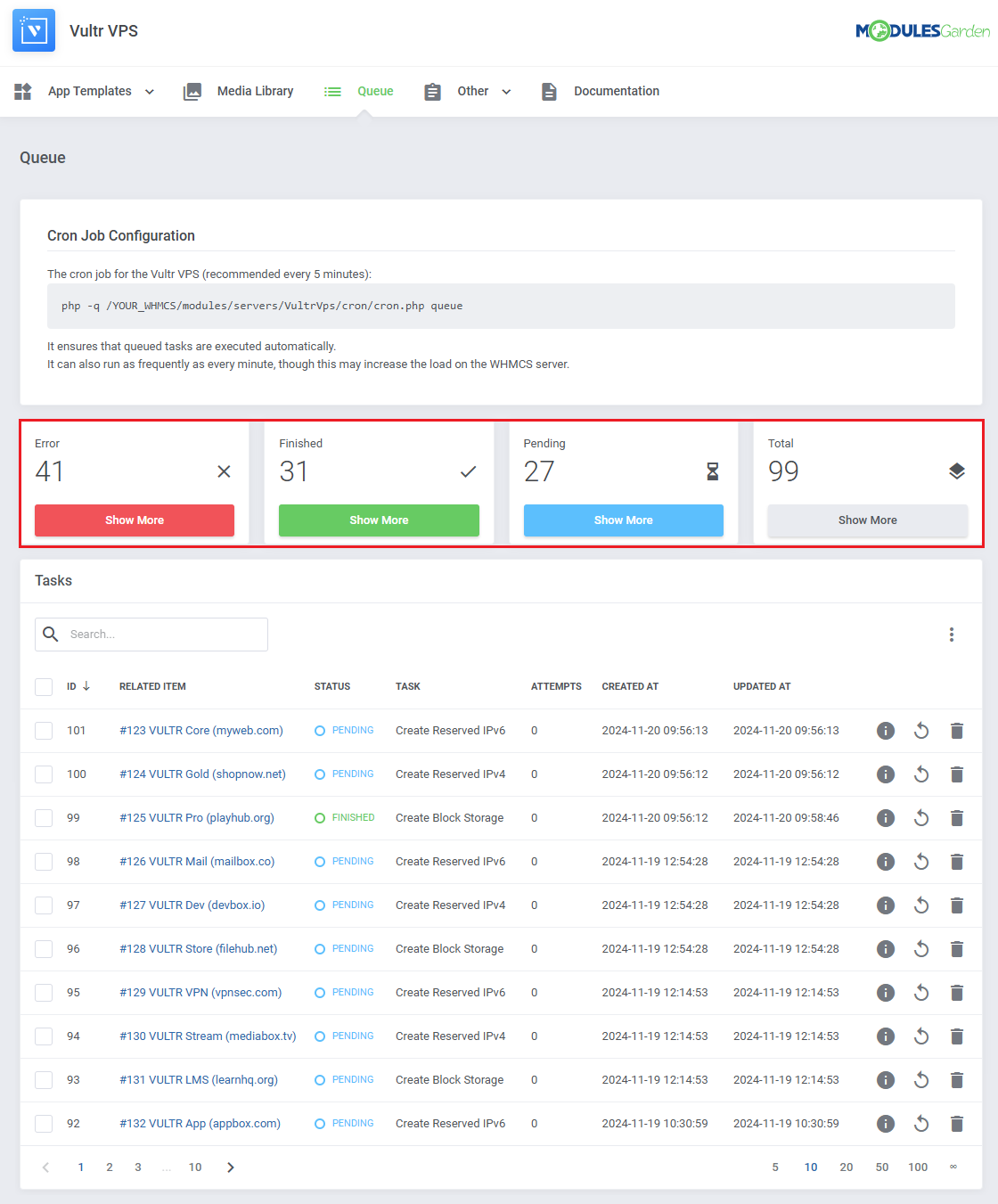 Vultr VPS For WHMCS: Queue page with Error, Finished, Pending and Total task counters highlighted above the Tasks table