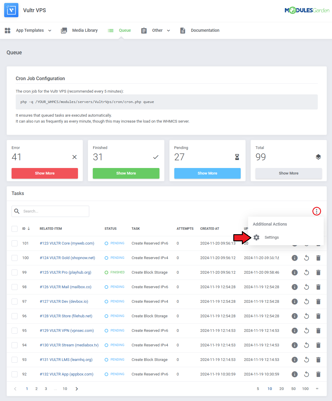 Vultr VPS For WHMCS: Queue Tasks table with the three dots menu open and the Settings item under Additional Actions