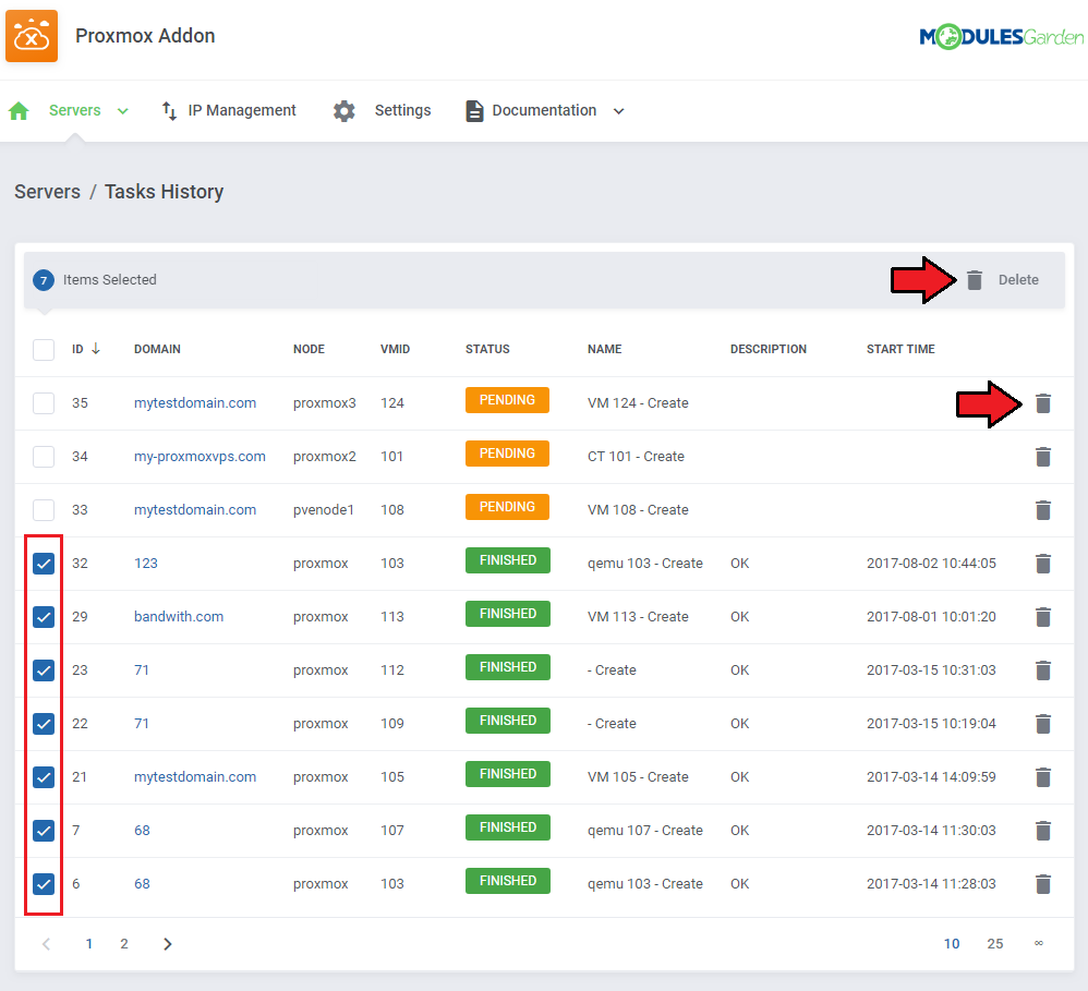 Proxmox VPS 2.X For WHMCS: Proxmox Addon Tasks History list with selected tasks and the Delete and trash icons