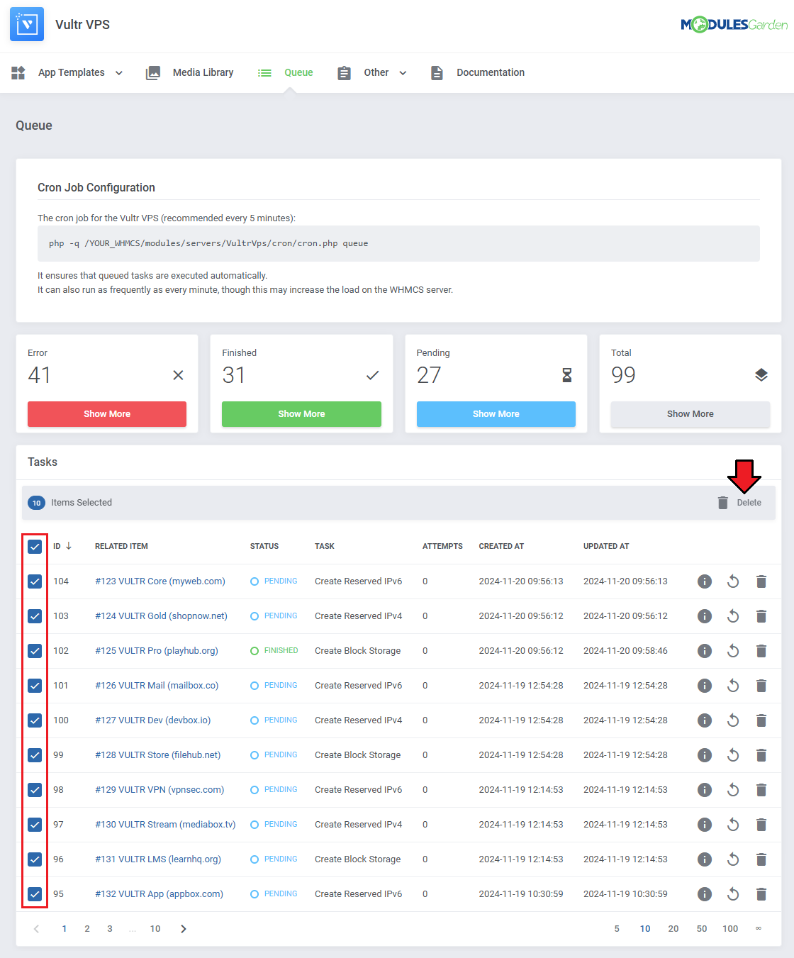 Vultr VPS For WHMCS: Queue Tasks table with all rows selected by checkboxes and the Delete mass action highlighted