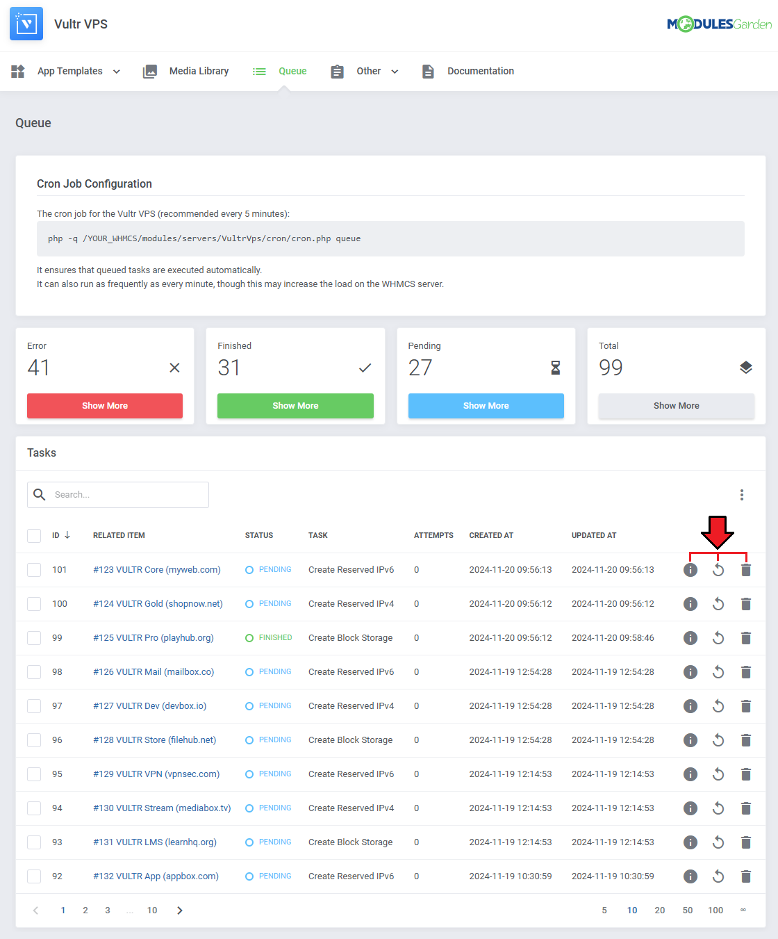 Vultr VPS For WHMCS: Queue Tasks table with the details, run again and delete action icons highlighted