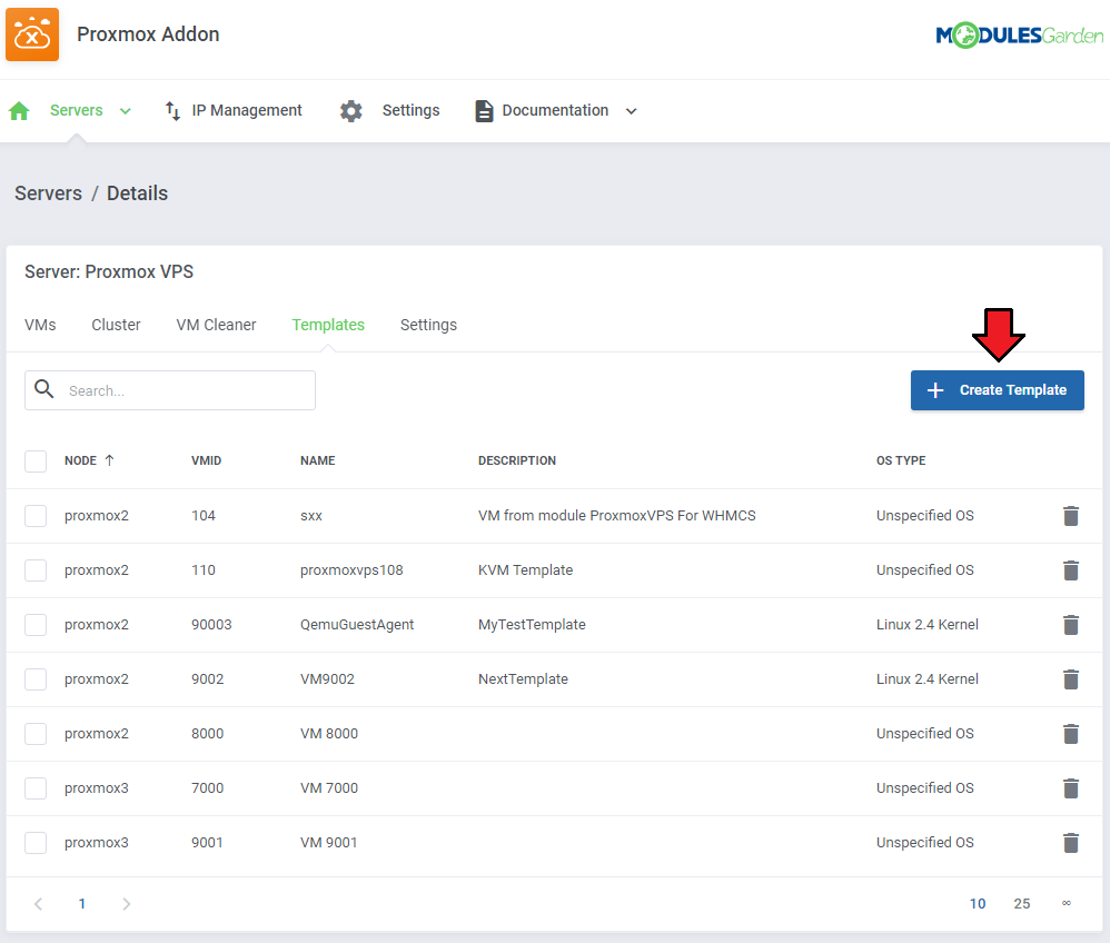 Proxmox VPS 2.X For WHMCS: Proxmox Addon Templates tab with the template list and the Create Template button highlighted