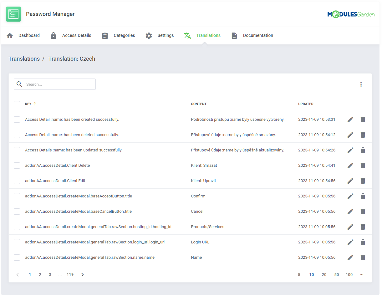 Translations Tool: Translation: Czech list showing the customized translated lines with update dates