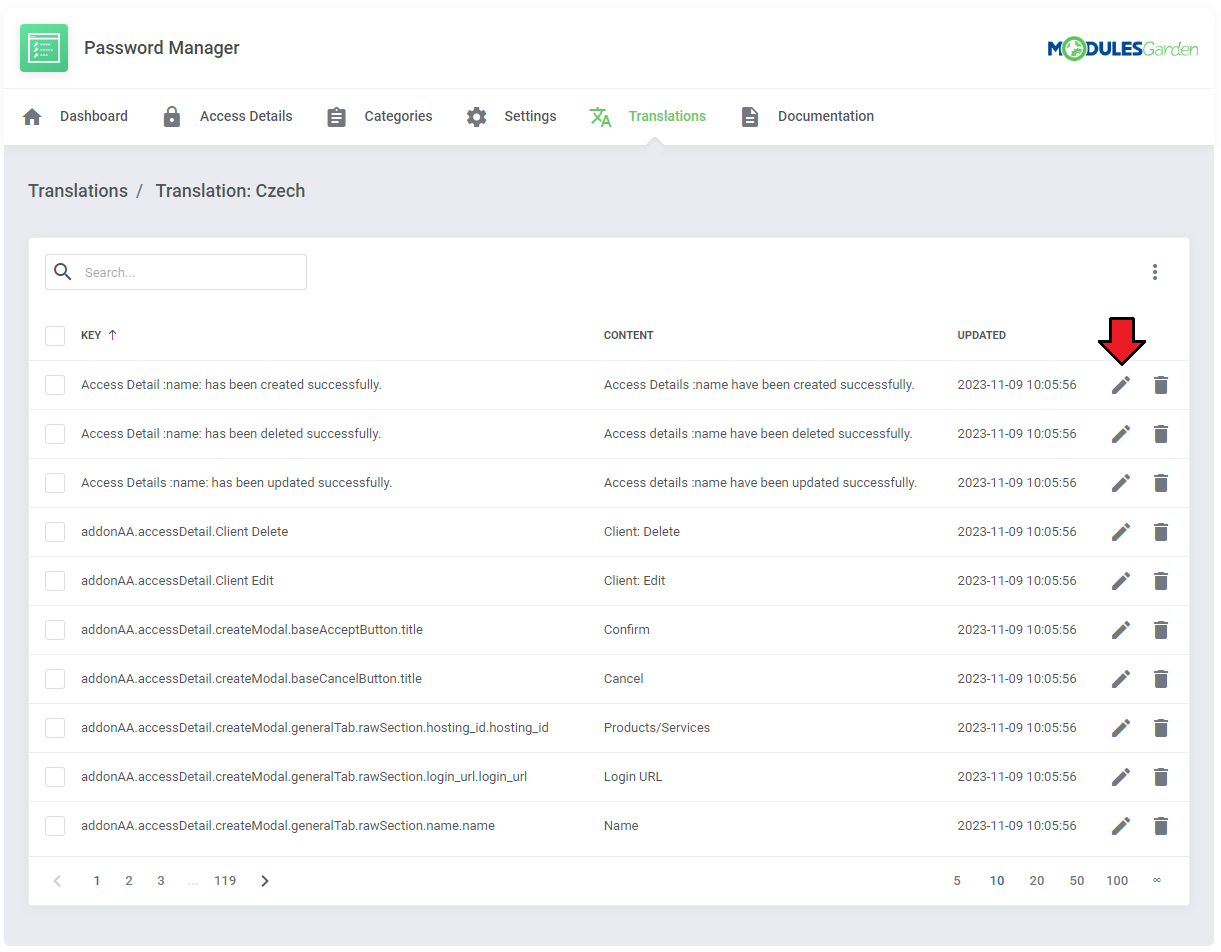Translations Tool: Translation: Czech page listing keys and content, with the Edit icon next to the first line