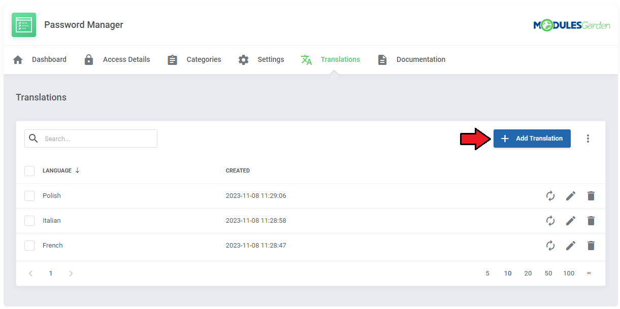 Translations Tool: Translations tab of a module with the language list and the Add Translation button