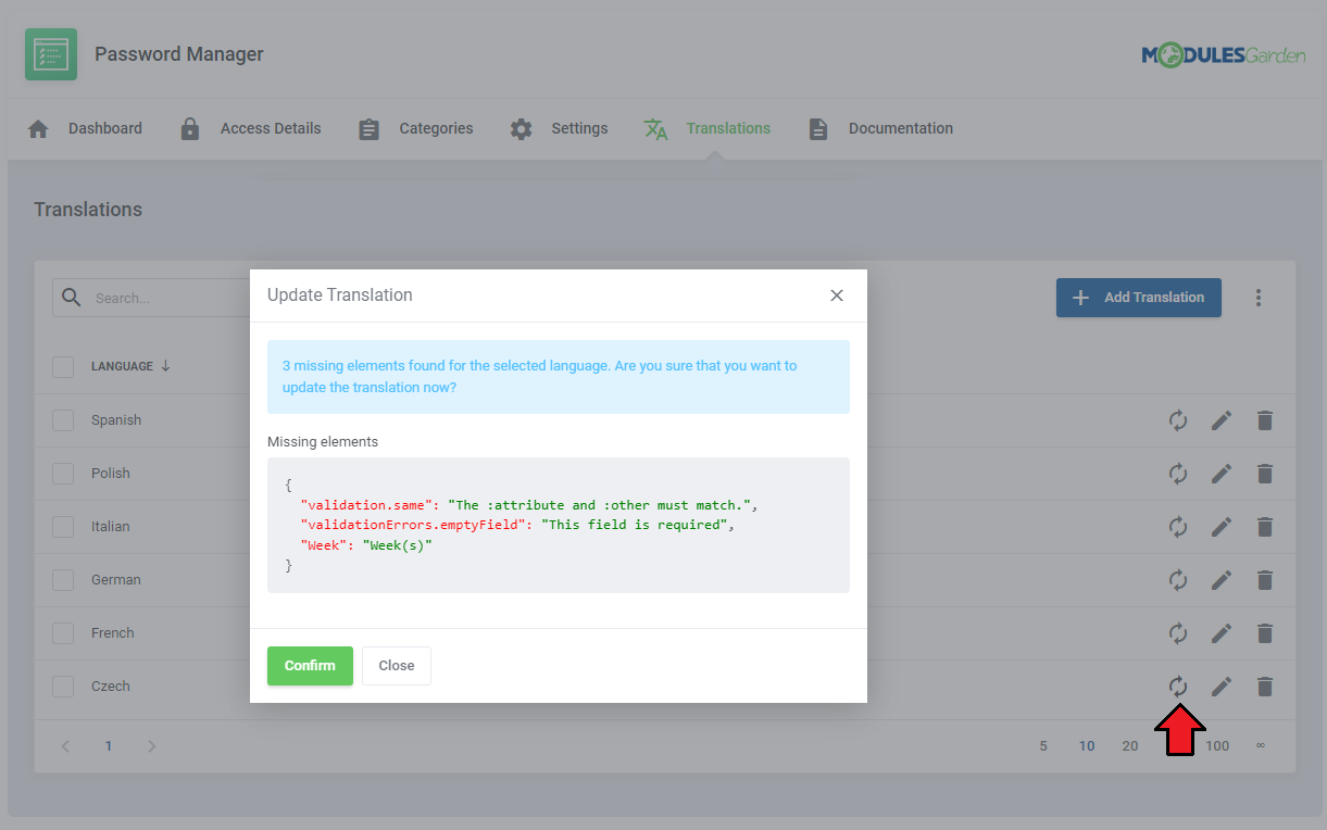 Translations Tool: Update Translation modal listing 3 missing elements found for the selected language