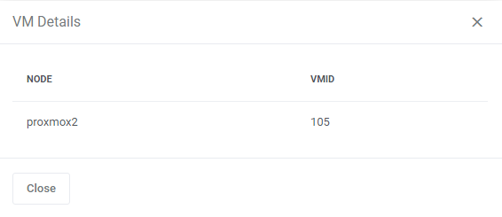 Proxmox VE Cloud VPS For WHMCS: VM Details dialog in the Proxmox Addon showing the node and VMID of a virtual machine