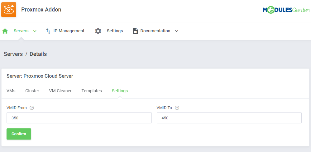 Proxmox VPS 2.X For WHMCS: Proxmox Addon server Settings tab with VMID From and VMID To fields for the VM ID range