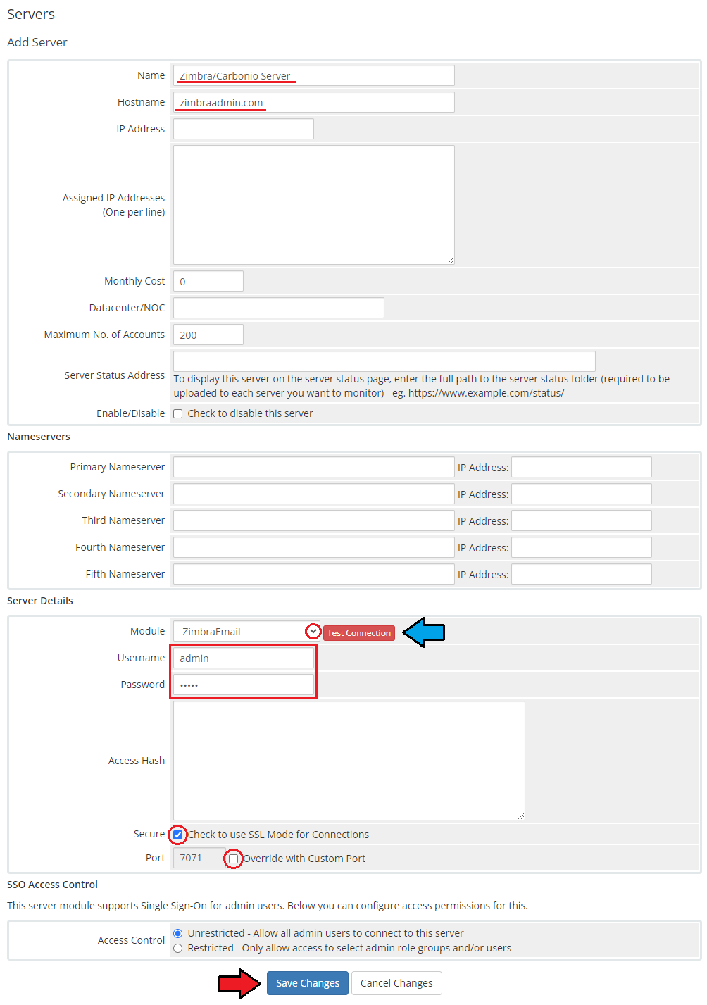 Zimbra Email For WHMCS: WHMCS Add Server form with hostname, ZimbraEmail module, credentials and SSL options