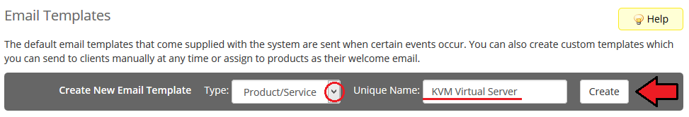 SolusVM Extended VPS For WHMCS: WHMCS Email Templates page creating a Product/Service template named KVM Virtual Server