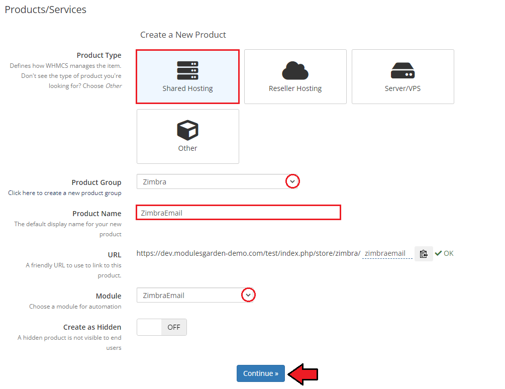 Zimbra Email For WHMCS: WHMCS Create a New Product form with product type, group, name and ZimbraEmail module