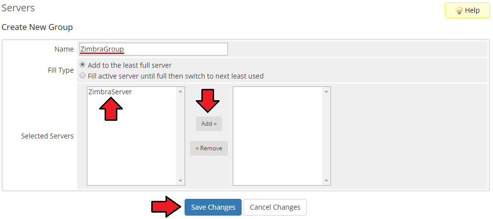 Zimbra Email For WHMCS: WHMCS Create New Group form with a server selected and the Add and Save Changes buttons