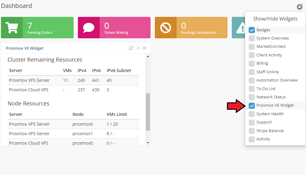 Proxmox VE Cloud VPS For WHMCS: WHMCS admin Dashboard with the Proxmox VE Widget enabled in the Show/Hide Widgets menu
