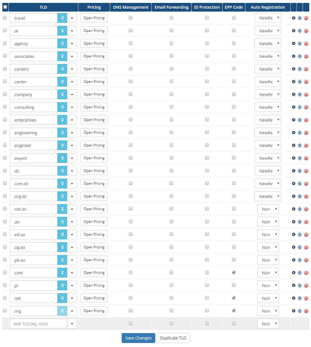 Domains Reseller 1 X For WHMCS: WHMCS admin Domain Pricing table with TLDs, addons, EPP code and auto registration